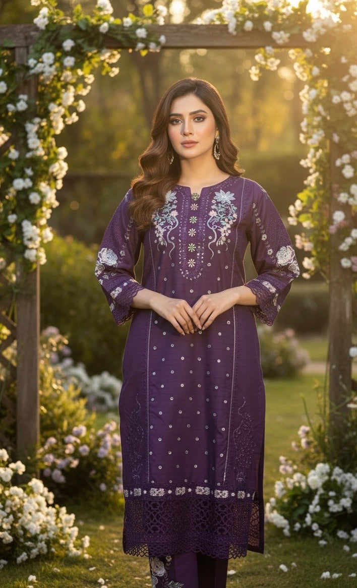 This appears to be an elegant, traditional South Asian three-piece suit (likely a shalwar kameez or trouser suit)