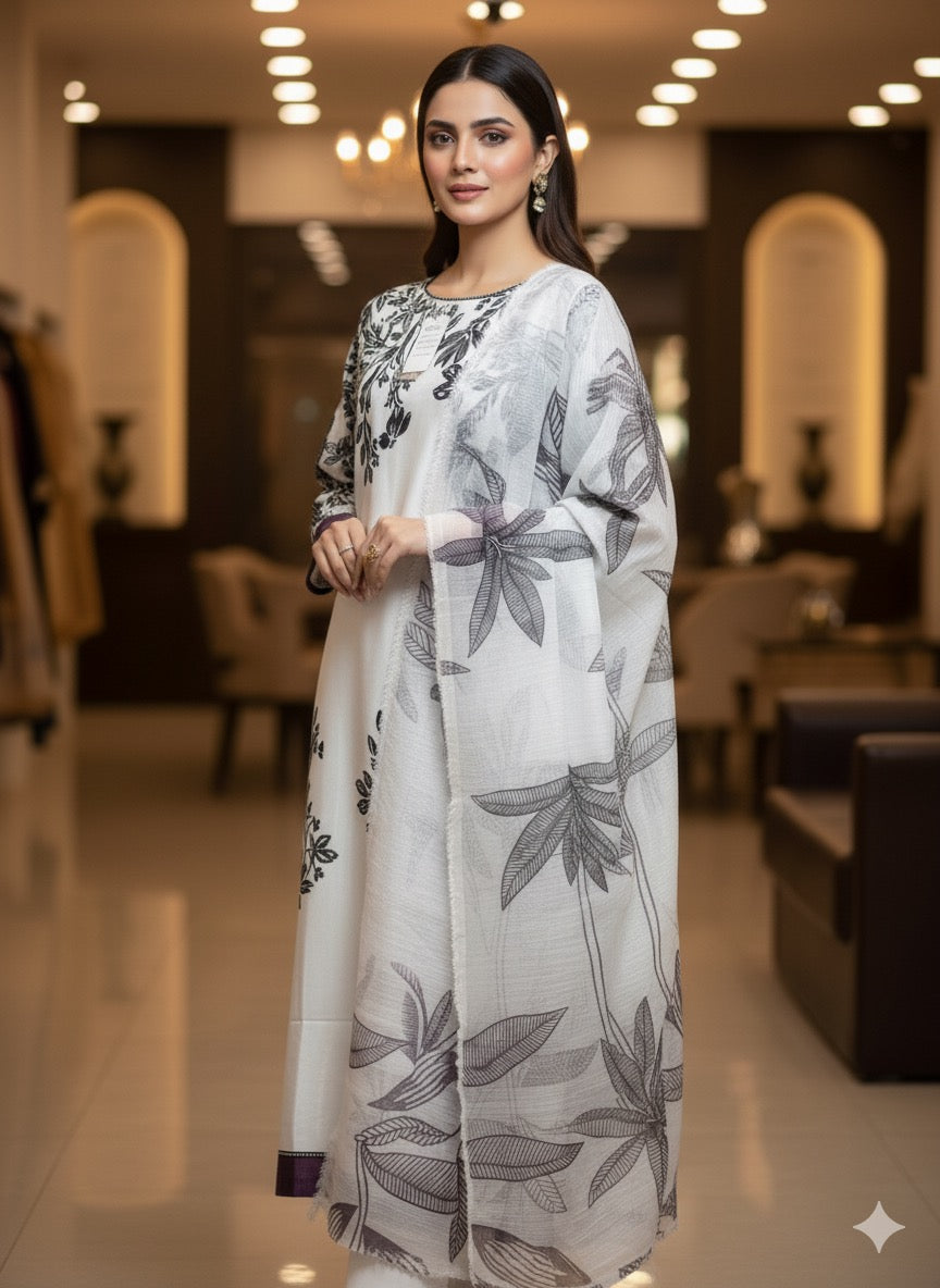 The ensemble is a chic, printed three-piece suit (fabric silk )
