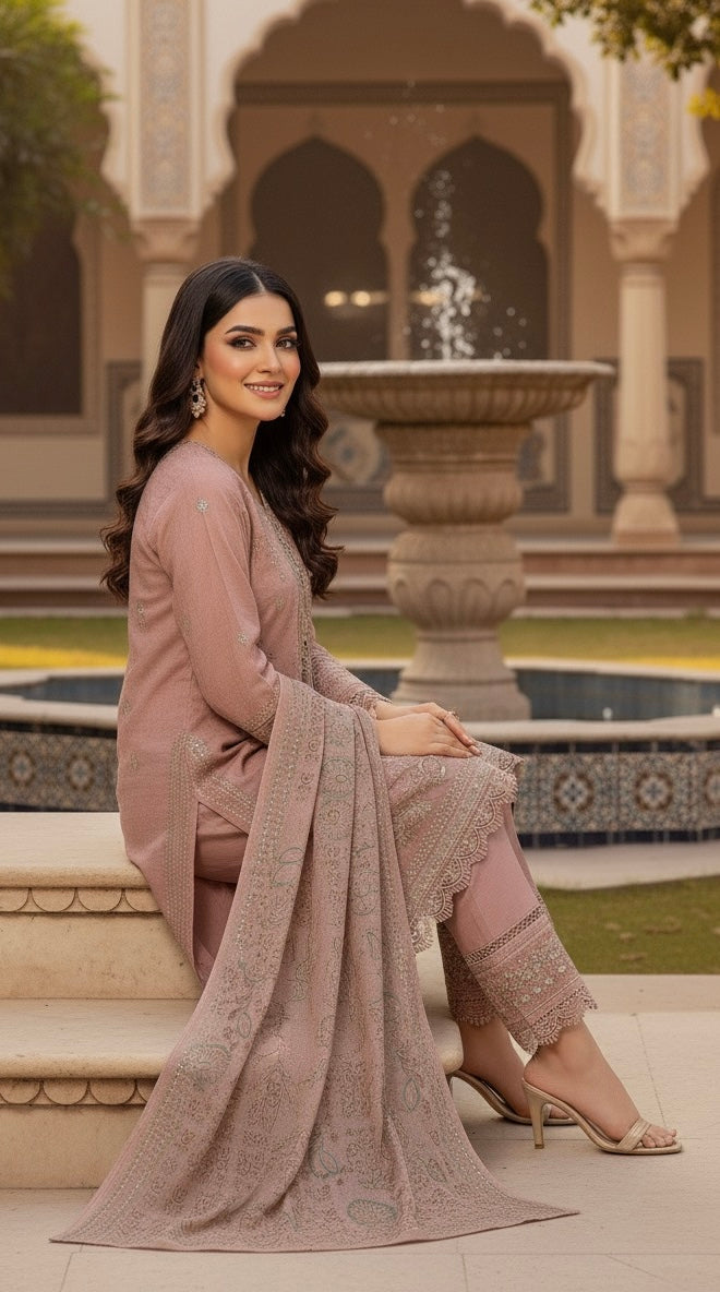 • The suit is an elegant, three-piece traditional South Asian ensemble, likely a Shalwar Kameez or Trouser Suit set.