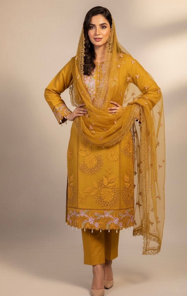 A sophisticated silk-blend suit featuring intricate tone-on-tone floral cutwork and contrasting bright thread embroidery on the neckline and dupatta.