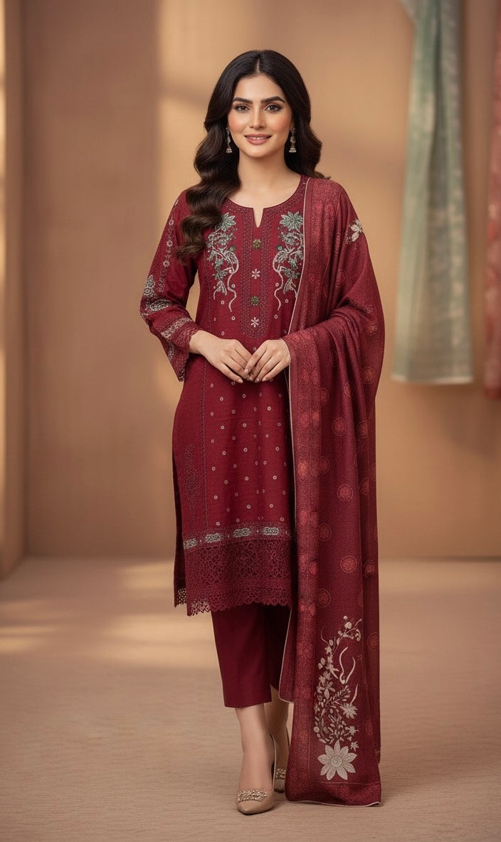 This appears to be an elegant, traditional South Asian three-piece suit (likely a shalwar kameez or trouser suit)