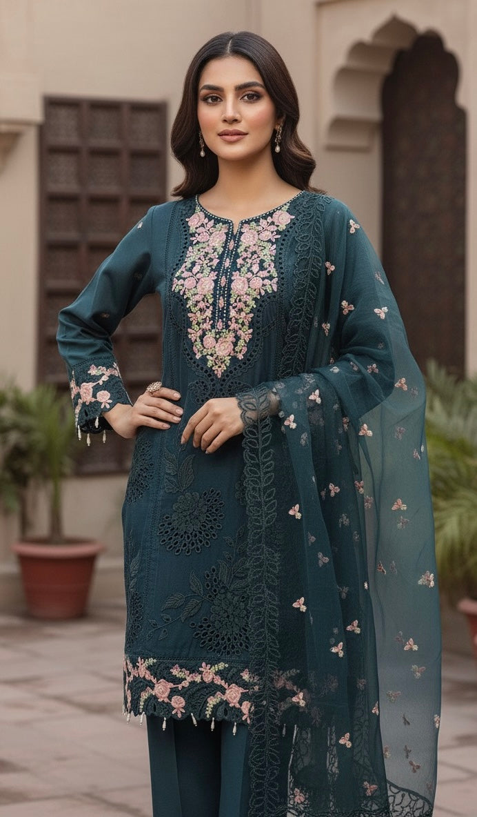 A sophisticated silk-blend suit featuring intricate tone-on-tone floral cutwork and contrasting bright thread embroidery on the neckline and dupatta.