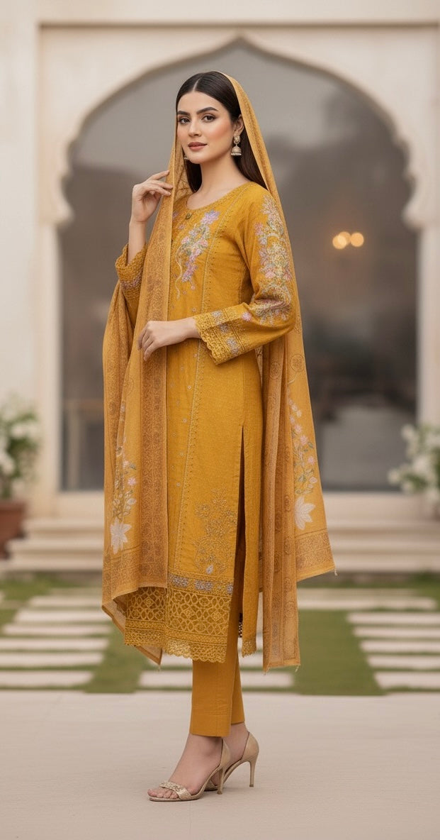 This appears to be an elegant, traditional South Asian three-piece suit (likely a shalwar kameez or trouser suit)
