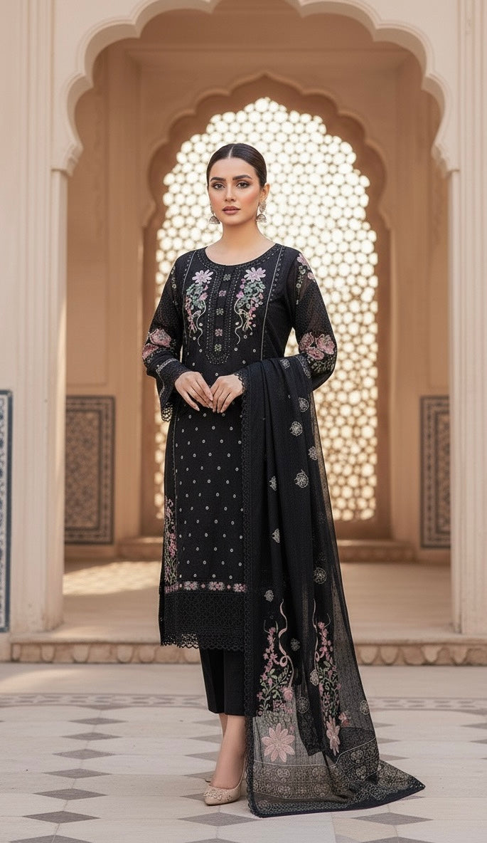 This appears to be an elegant, traditional South Asian three-piece suit (likely a shalwar kameez or trouser suit)