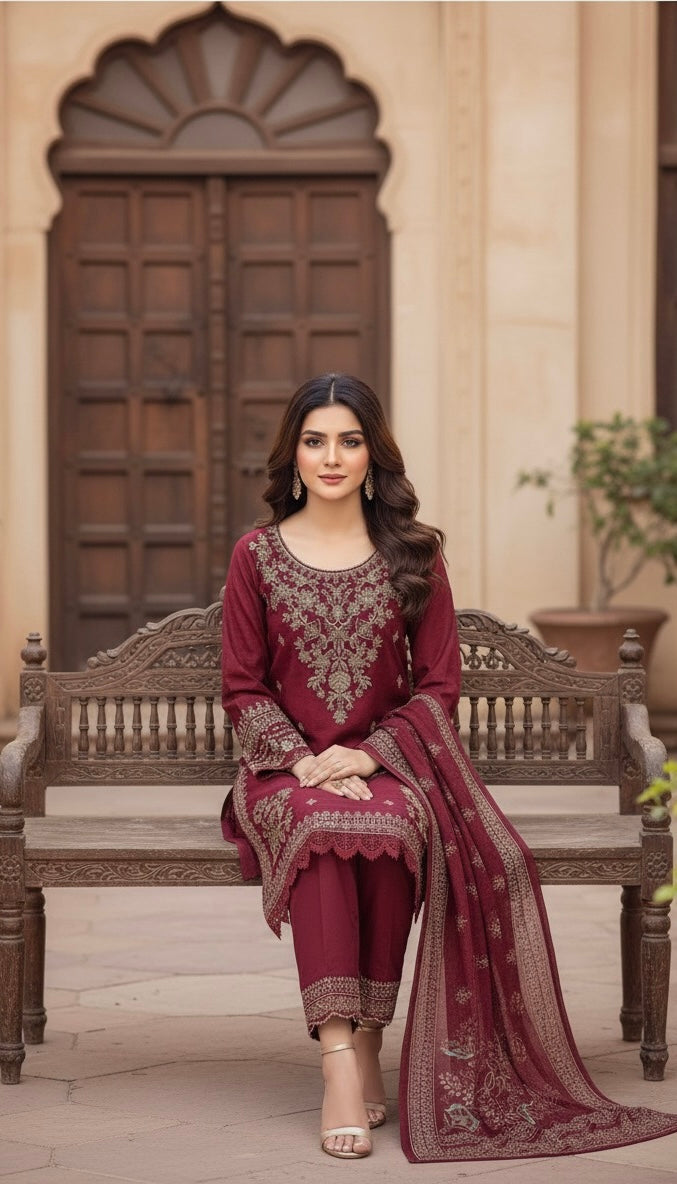 • The suit is an elegant, three-piece traditional South Asian ensemble, likely a Shalwar Kameez or Trouser Suit set.