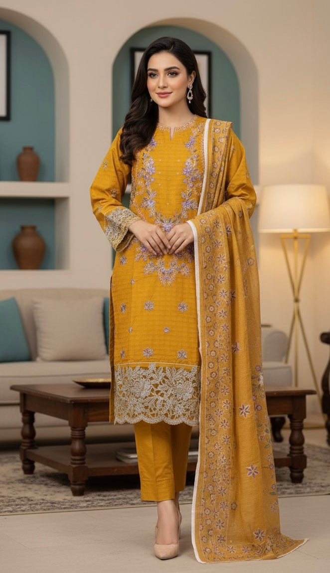 Full embroidery + handmade work goodlooking woman dress 3pc (fabric winter cotton)