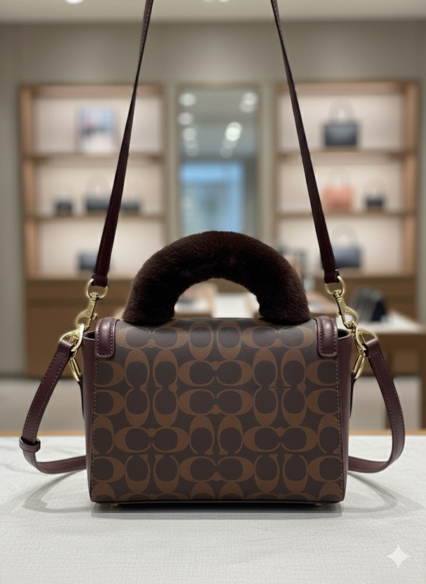 The bag is a compact, structured handbag from Coach, featuring their classic Signature handbag 👜