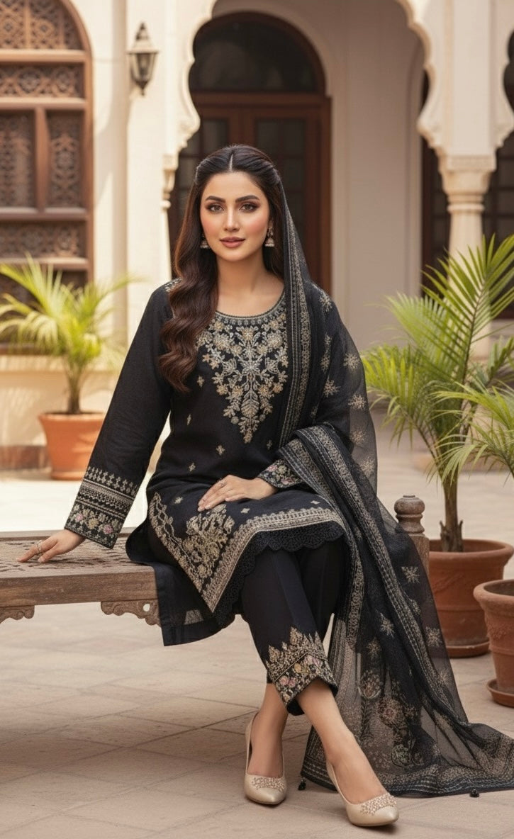 • The suit is an elegant, three-piece traditional South Asian ensemble, likely a Shalwar Kameez or Trouser Suit set.
