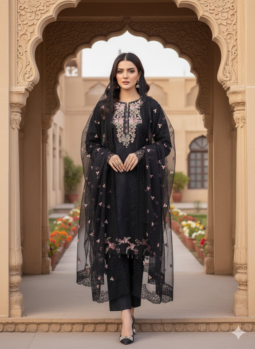 A sophisticated silk-blend suit featuring intricate tone-on-tone floral cutwork and contrasting bright thread embroidery on the neckline and dupatta.
