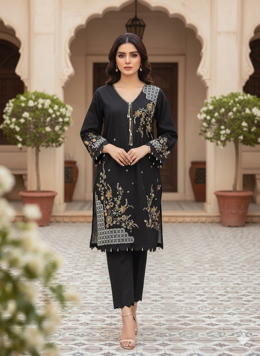 A sophisticated winter look with delicate craftsmanship — perfect for events,casual festive wear.