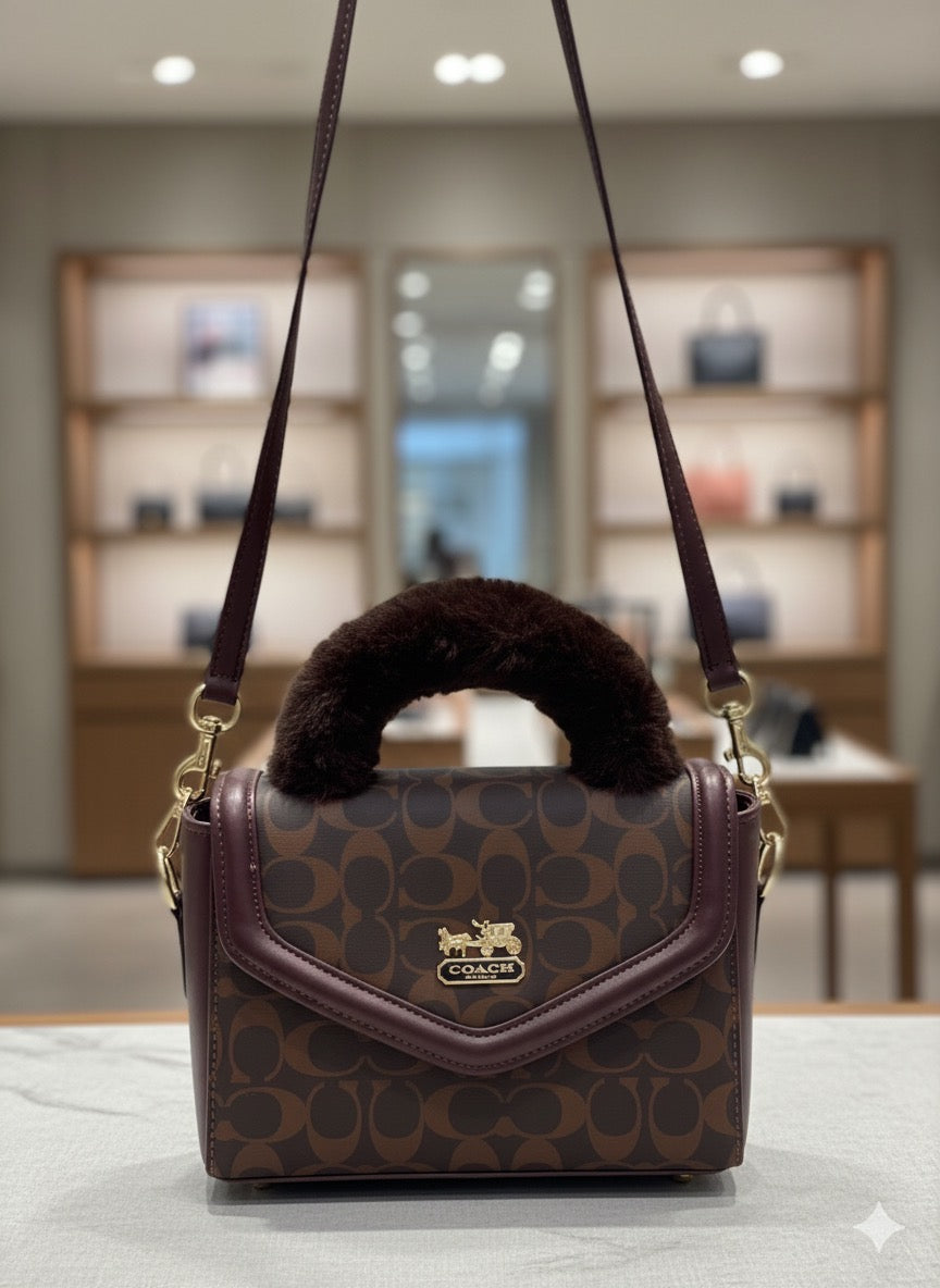 The bag is a compact, structured handbag from Coach, featuring their classic Signature handbag 👜