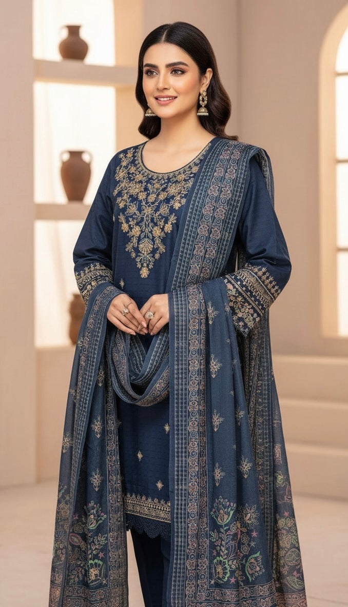 • The suit is an elegant, three-piece traditional South Asian ensemble, likely a Shalwar Kameez or Trouser Suit set.