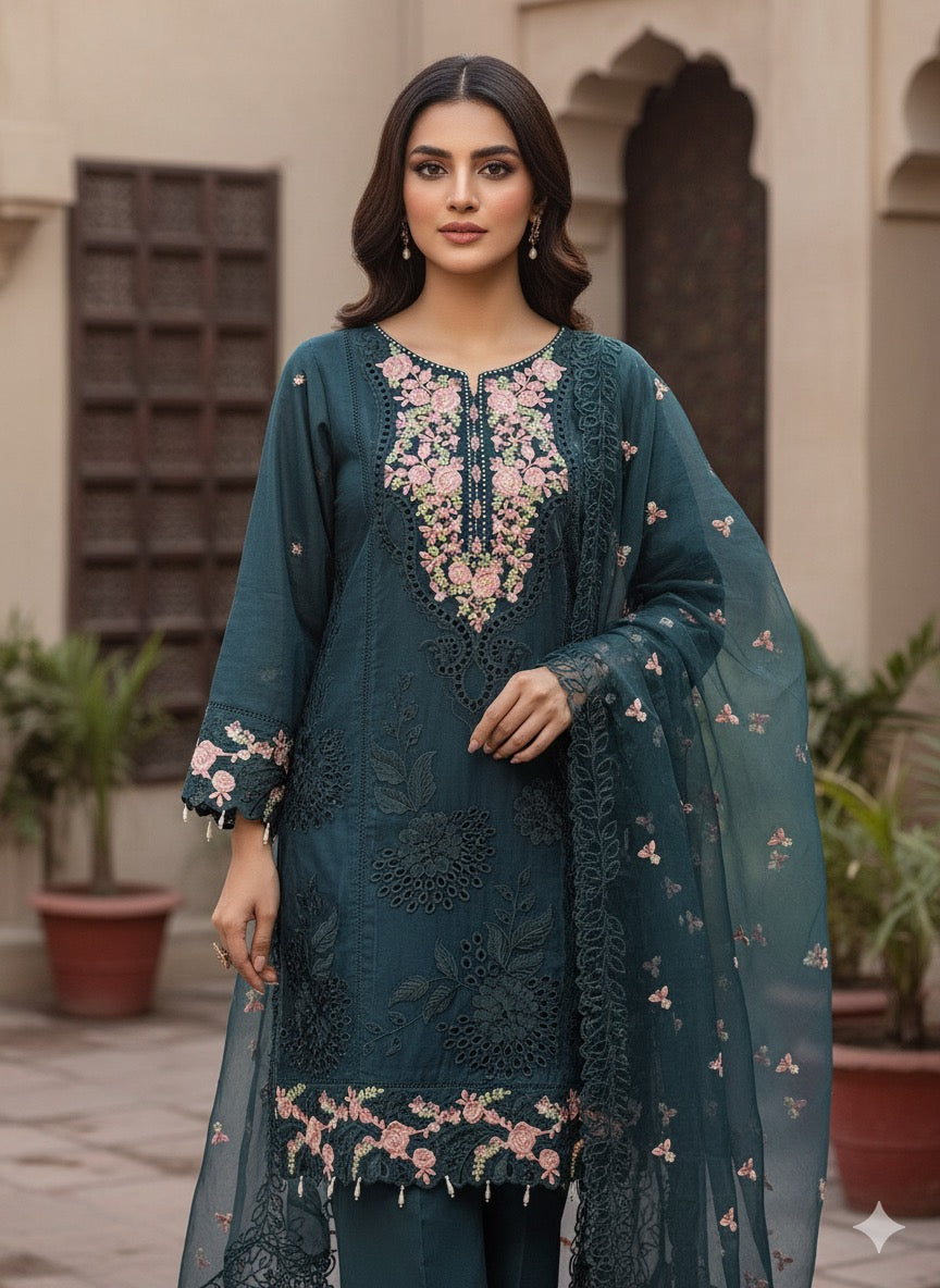 A sophisticated silk-blend suit featuring intricate tone-on-tone floral cutwork and contrasting bright thread embroidery on the neckline and dupatta.