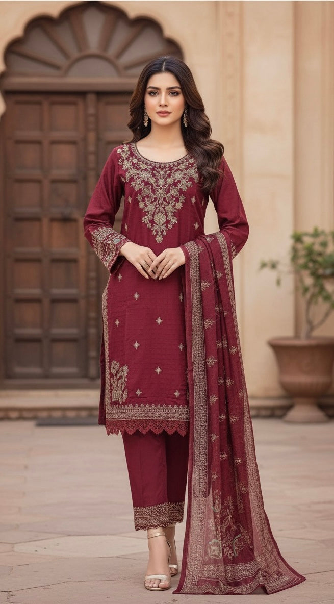 • The suit is an elegant, three-piece traditional South Asian ensemble, likely a Shalwar Kameez or Trouser Suit set.