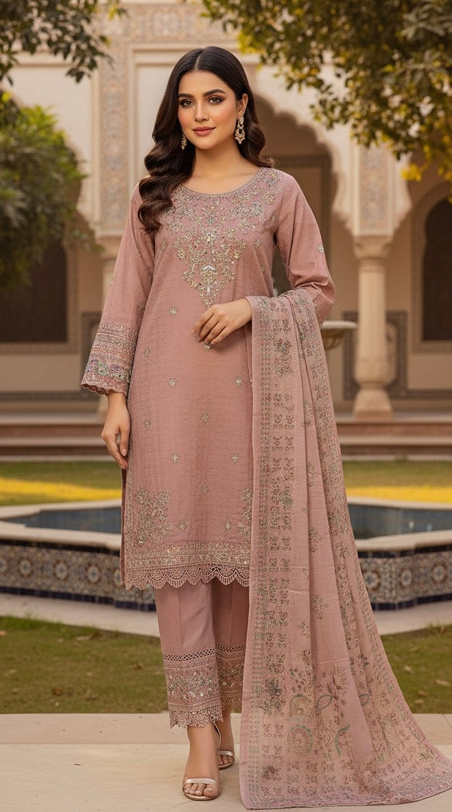 • The suit is an elegant, three-piece traditional South Asian ensemble, likely a Shalwar Kameez or Trouser Suit set.
