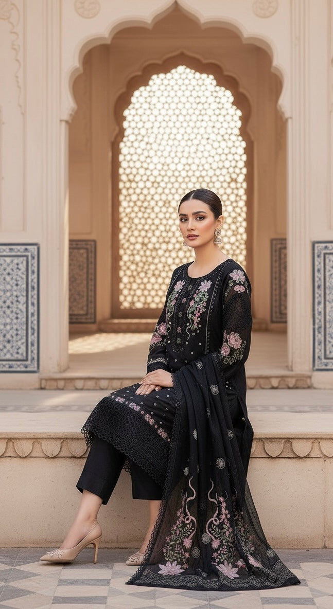 This appears to be an elegant, traditional South Asian three-piece suit (likely a shalwar kameez or trouser suit)