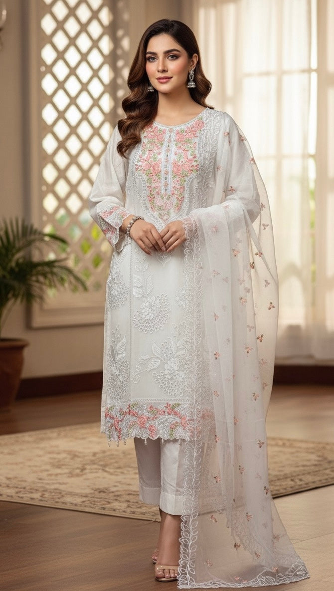 A sophisticated silk-blend suit featuring intricate tone-on-tone floral cutwork and contrasting bright thread embroidery on the neckline and dupatta.