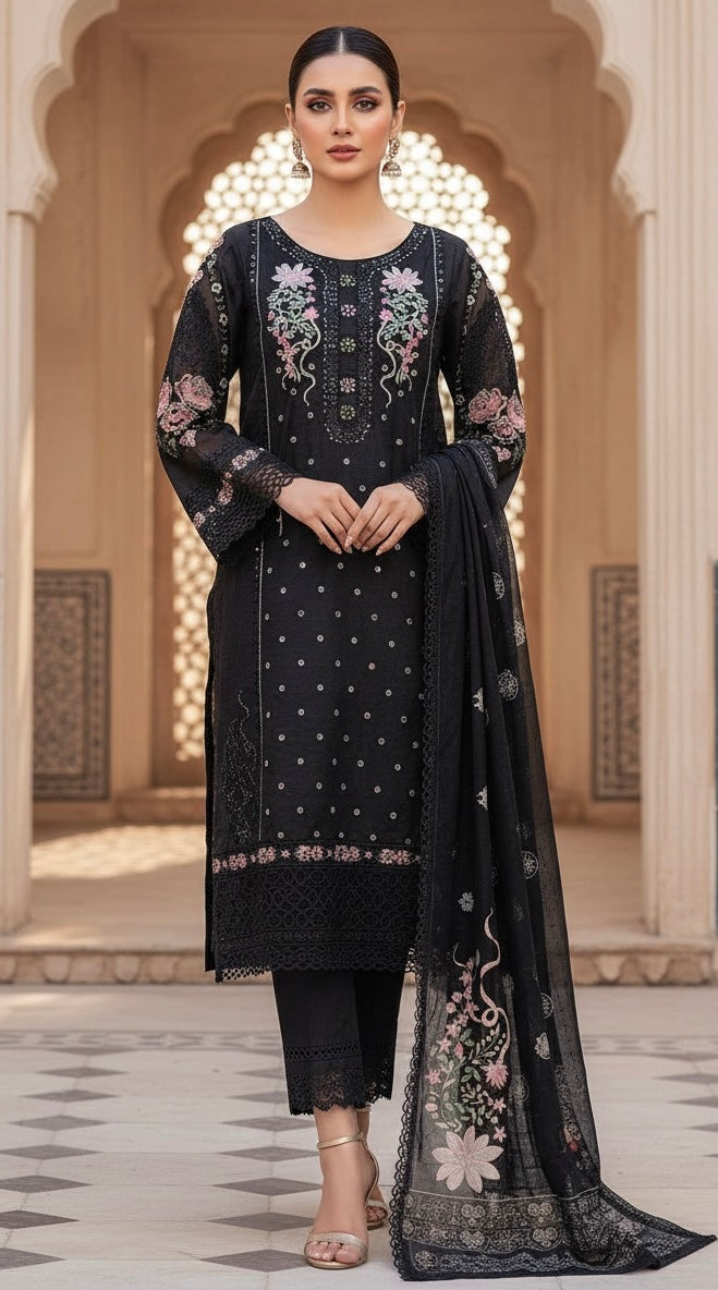 This appears to be an elegant, traditional South Asian three-piece suit (likely a shalwar kameez or trouser suit)