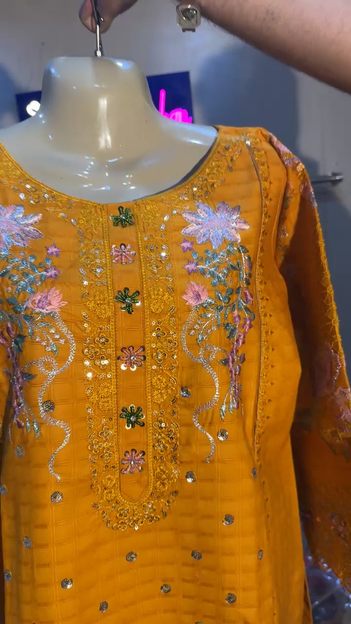 This appears to be an elegant, traditional South Asian three-piece suit (likely a shalwar kameez or trouser suit)